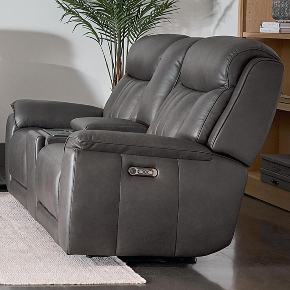 Bassett Benson Leather Power Reclining Console Loveseat in Tuscan Gunmetal, , large