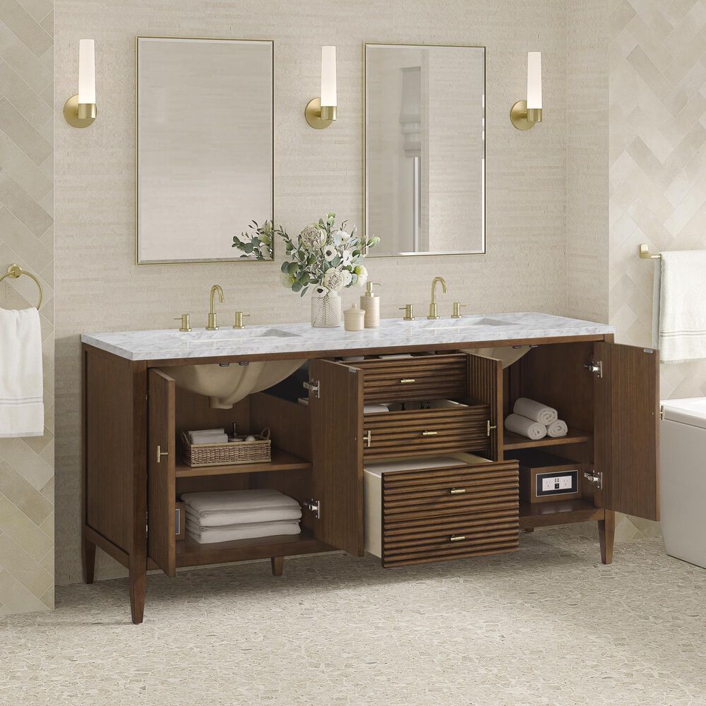 James Martin Vanities Myrrin 72&quot; Double Vanity in Mid Century Walnut with 3 cm Carrara White Marble Top, , large