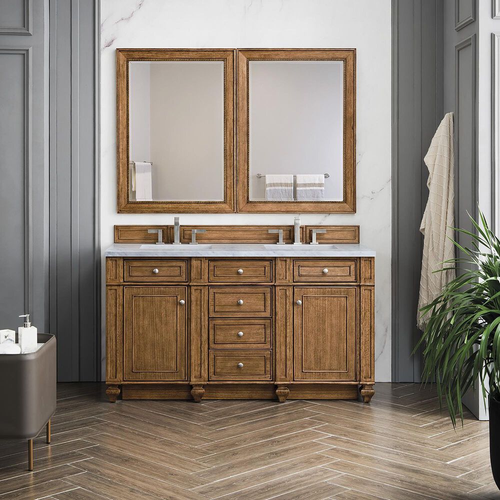 James Martin Vanities Bristol 60&quot; Double Bathroom Vanity in Saddle Brown with 3 cm Carrara White Marble Top and Rectangular Sinks, , large