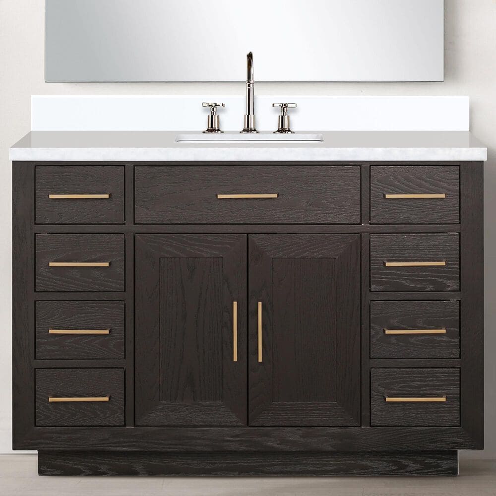 Lexora Home Abbey 48&quot; Single Bathroom Vanity in Brown Oak with 2 cm White Quartz Top and Rectangular Sink, , large