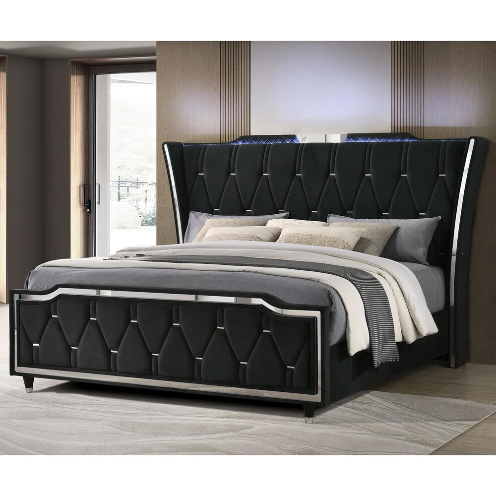 Pacific Landing Lorient King Upholstered Wingback Bed in Black, , large