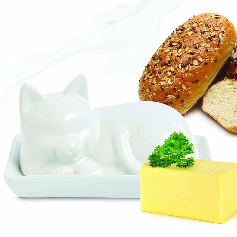 Harold Import Cat Butter Dish with Lid in White, , large