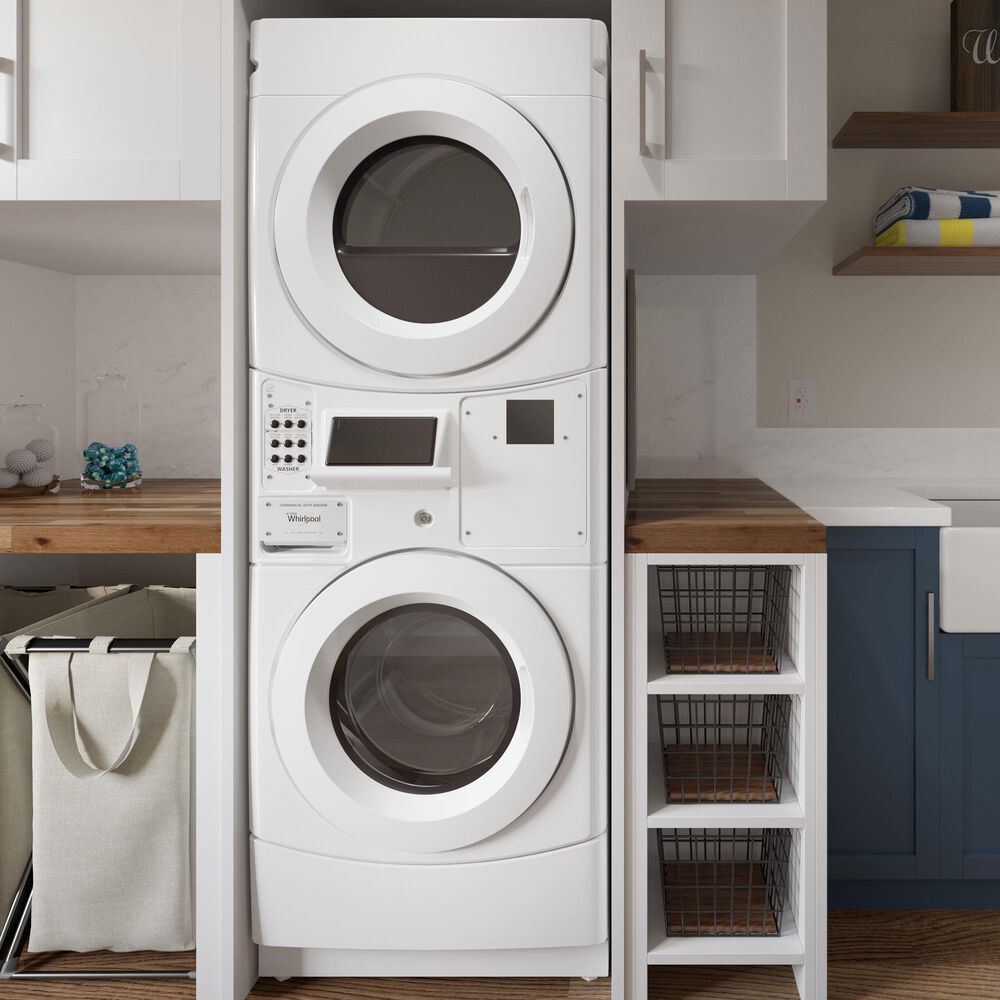 Whirlpool 3.1 Cu. Ft. Front Load Washer and 6.7 Cu. Ft. Electric Dryer Stack Laundry in White, , large