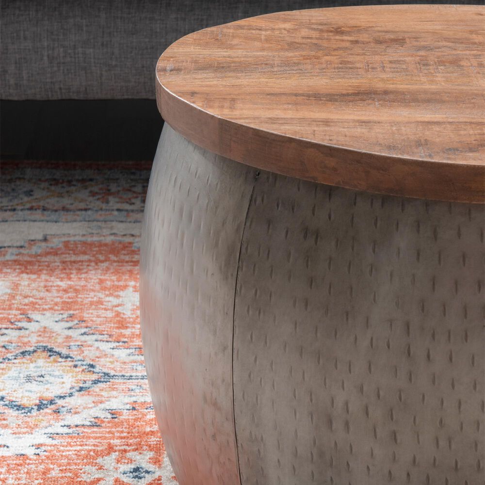 Linon Home Decor Royce 22" Drum Coffee Table with Storage in Pewter, , large