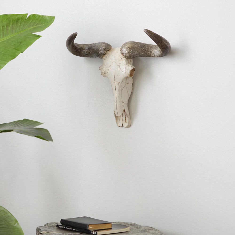 Maple and Jade 12&quot; x 16&quot; Farmhouse Cow Skull Wall Decor in White and Brown, , large