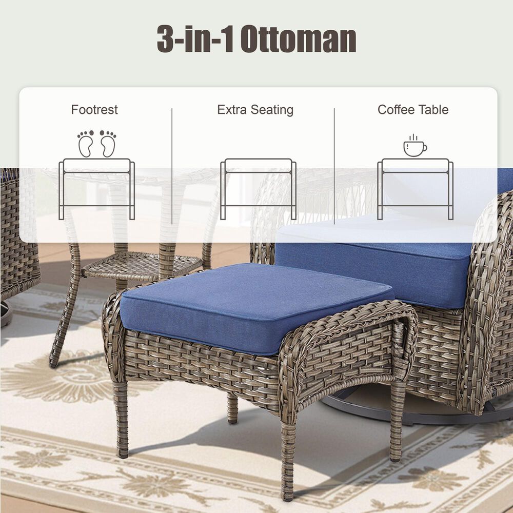 Hearth and Haven Patio Wicker Ottoman with Gray Rattan in Blue (Set of 2), , large