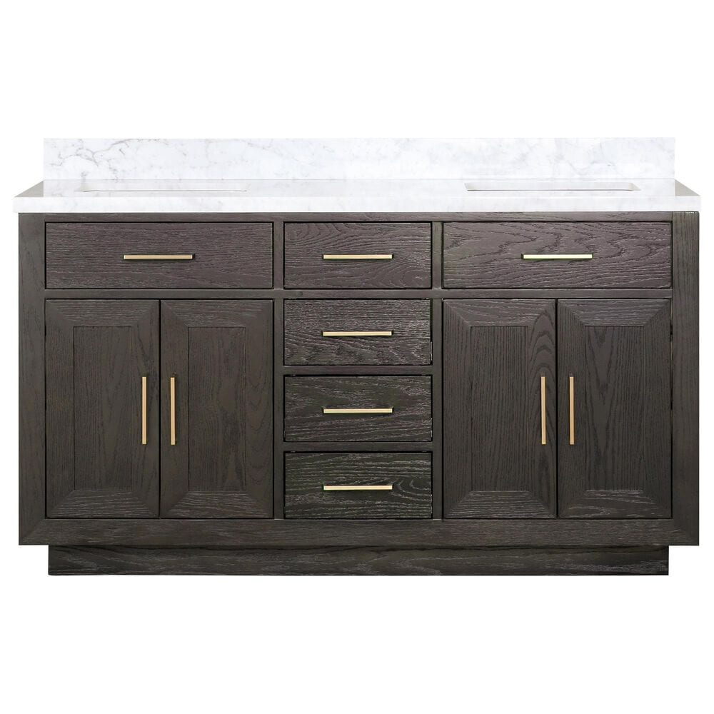 Lexora Home Abbey 60&quot; Double Bathroom Vanity in Brown Oak with 2 cm White Carrara Marble Top and Rectangular Sinks, , large