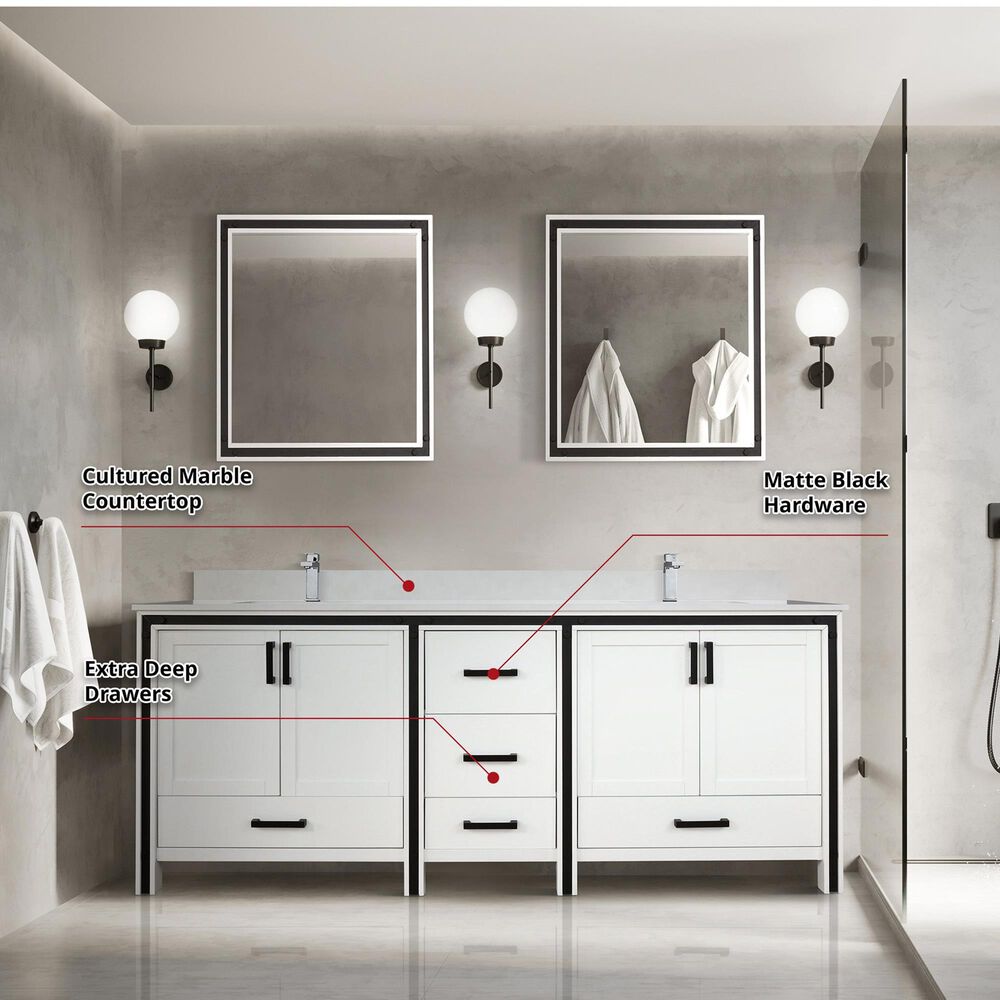 Lexora Home Ziva 80&quot; Double Bathroom Vanity in White with 2 cm White Cultured Marble Top and Rectangular Sinks, , large