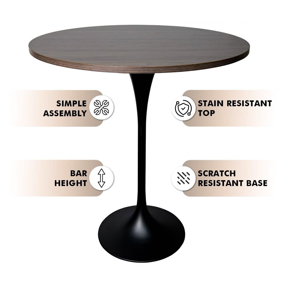 Leisuremod LeisureMod Verve Collection Modern Bar Height Table Black Base with 36 Round Dark Walnut MDF Top, , large