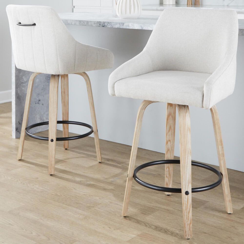 LumiSource Hannah Swivel Counter Stool with Cream Fabric Upholstery in Whitewashed and Black (Set of 2), , large