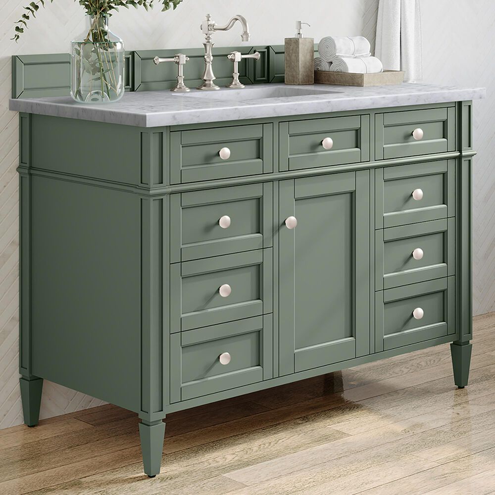 James Martin Vanities Brittany 48" Single Bathroom Vanity in Smokey Celadon with 3 cm Carrara White Marble Top and Rectangular Sink, , large