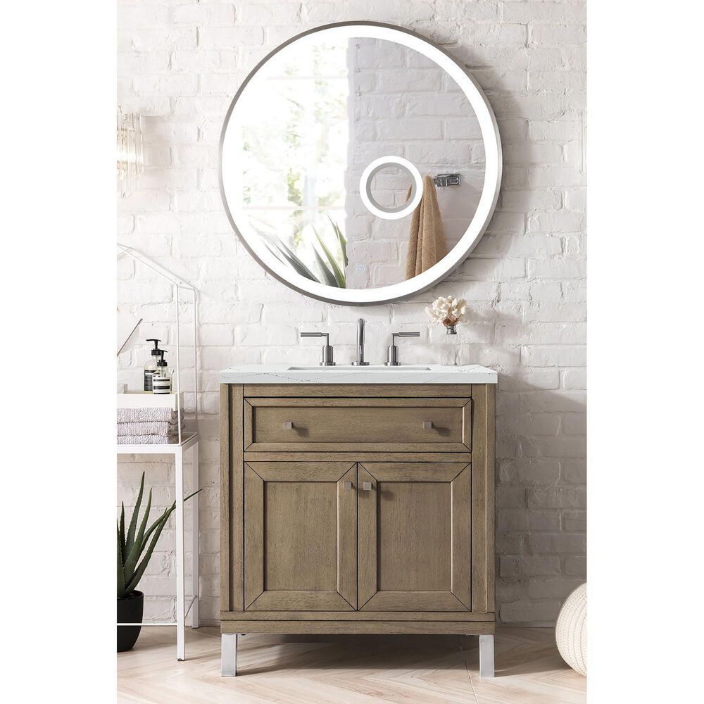 James Martin Vanities Chicago 30&quot; Single Bathroom Vanity in Whitewashed Walnut with 3 cm Ethereal Noctis Quartz Top and Rectangular Sink, , large