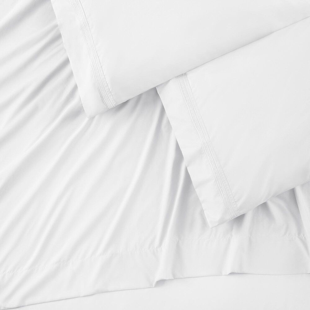 4-Piece Queen Solid Embroidered Sheet Set in White, , large