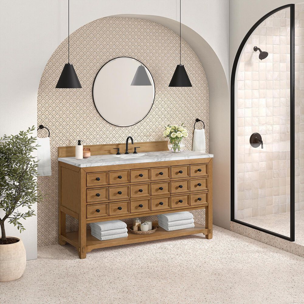 James Martin Malibu 60&quot; Single Bathroom Vanity in Amber Birch with 3 cm Carrara White Marble Top and Rectangular Sink, , large
