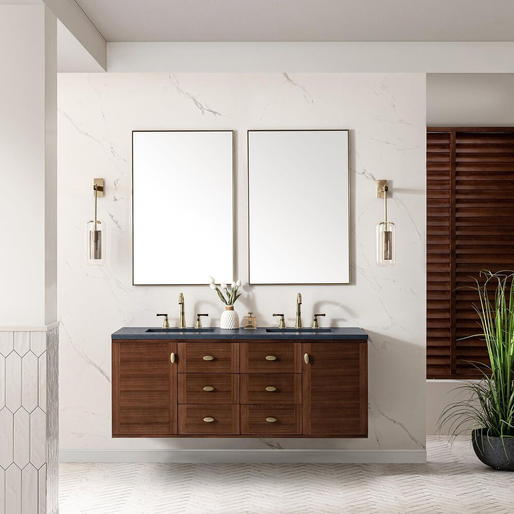 James Martin Vanities Amberly 60&quot; Double Bathroom Vanity in Walnut with 3 cm Charcoal Soapstone Quartz Top and Rectangular Sinks, , large