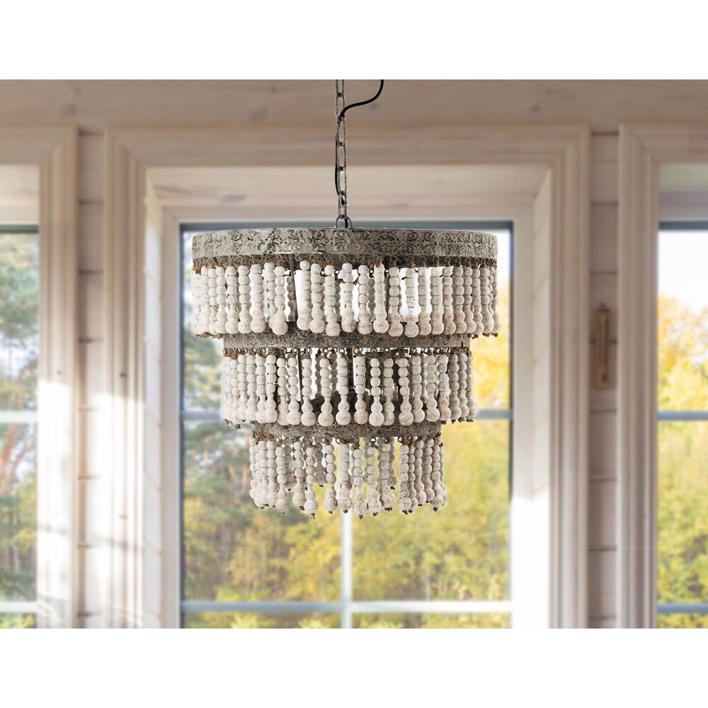 Creative Coop Laurel 3-Tier Wood Bead Chandelier with Antique White Shade, , large