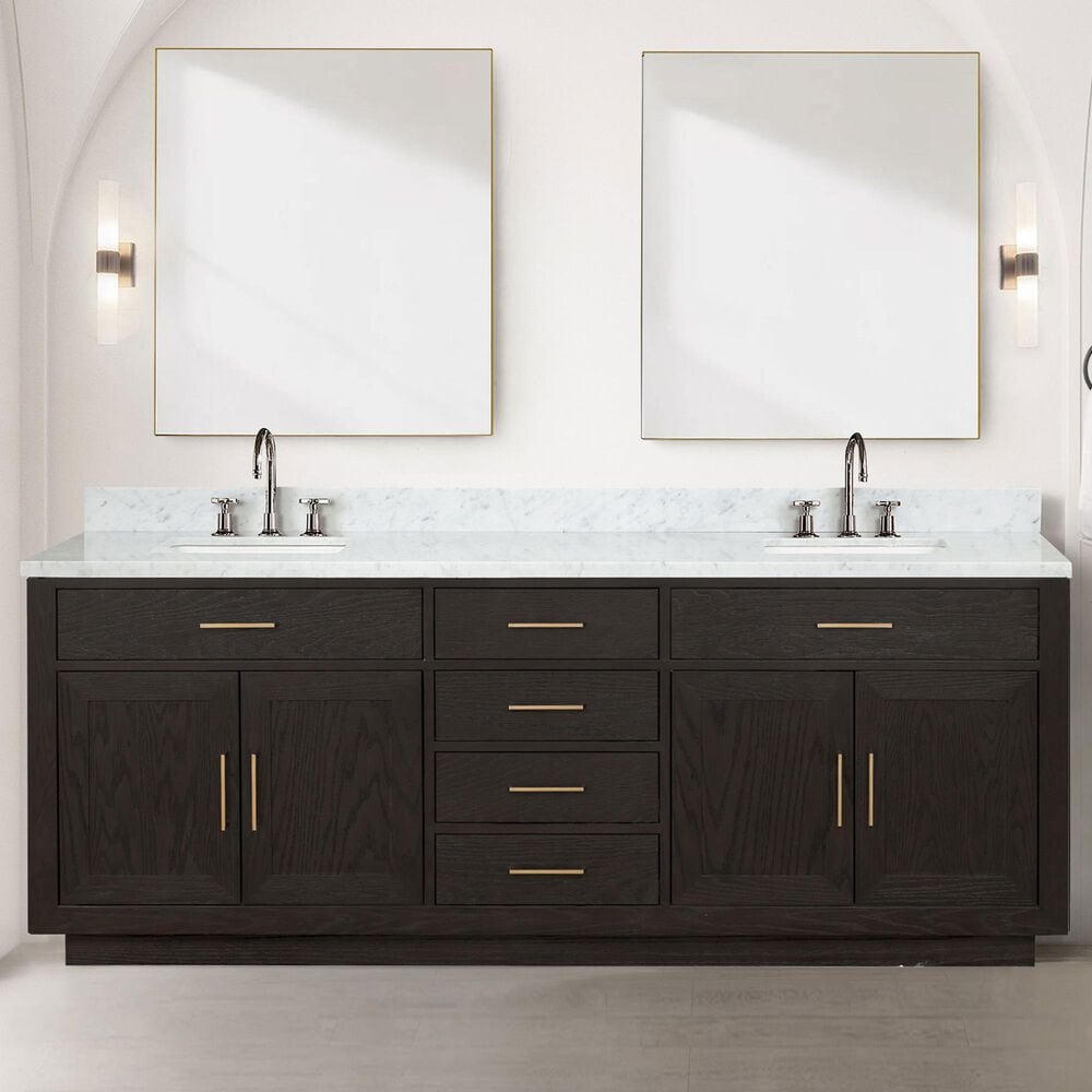 Lexora Home Abbey 84&quot; Double Bathroom Vanity in Brown Oak with 2 cm White Carrara Marble Top and Rectangular Sinks, , large