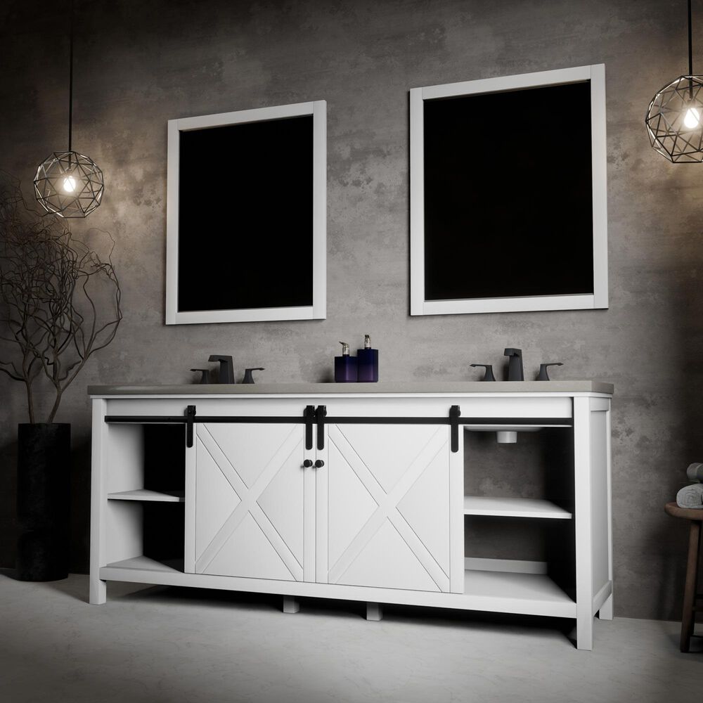 Lexora Home Marsyas 84" Double Bathroom Vanity in White with Grey Quartz Top and Rectangular Sinks, , large