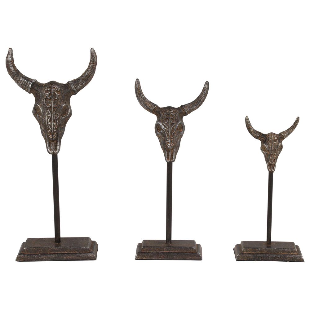 Maple and Jade Bull Skull Sculpture in Matte Gray &#40;Set of 3&#41;, , large