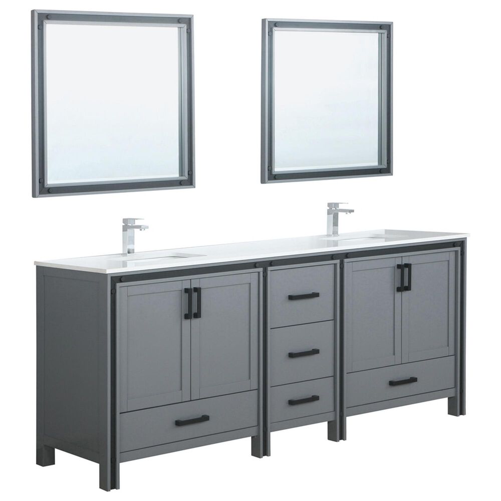 Lexora Home Ziva 84" Double Bathroom Vanity in Dark Grey with White Cultured Marble Top, Rectangle Sinks, Chrome Faucets and Mirrors, , large