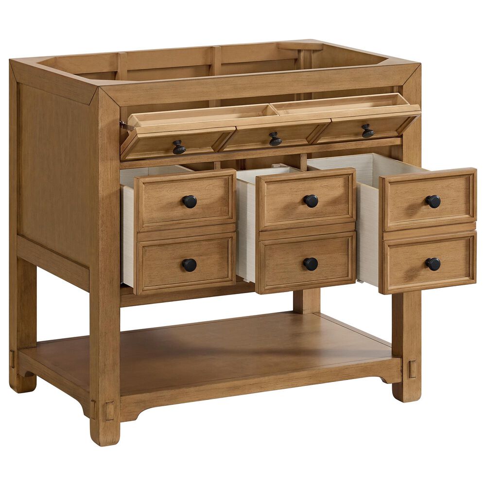 James Martin Vanities Malibu 36" Single Bathroom Vanity in Amber Birch with 3 cm Carrara White Marble Top and Rectangular Sink, , large