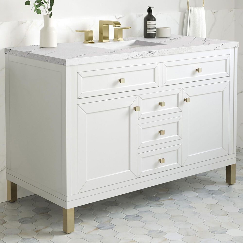 James Martin Vanities Chicago 48&quot; Single Bathroom Vanity in Glossy White with 3 cm Ethereal Noctis Quartz Top and Rectangular Sink, , large