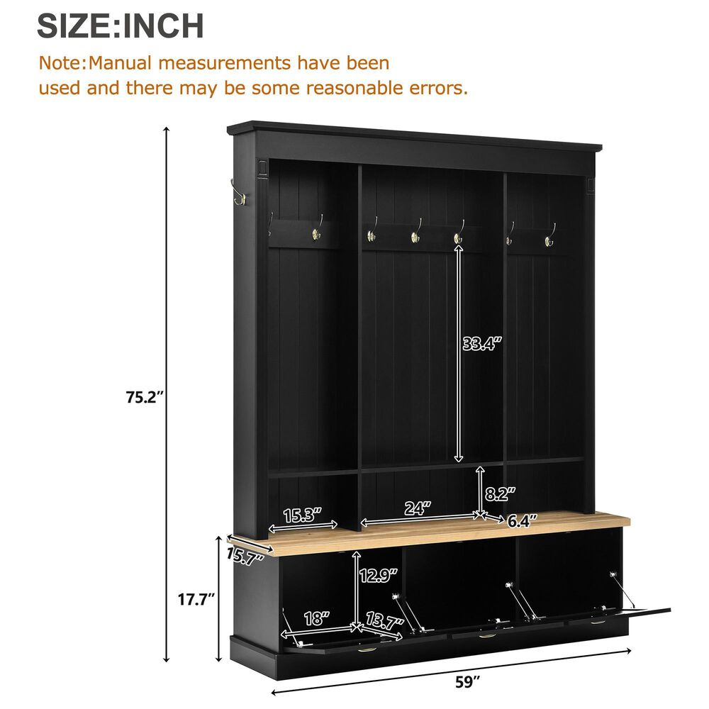 HOMLUX 9-Hook Hall Tree with 3-Cabinet in Black and Natural, , large
