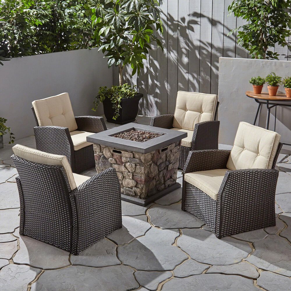 Noble House St. Marta 5-Piece Patio Fire Pit Chat Set in Beige, , large