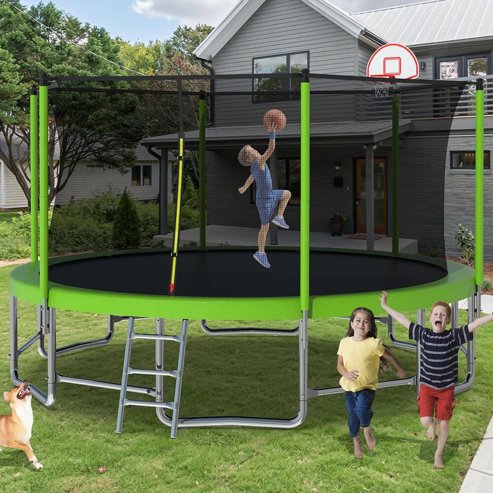 HOMLUX 15' Outdoor Trampoline Sports in Green, , large