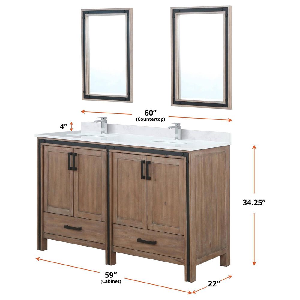 Lexora Home Ziva 60&quot; Double Bathroom Vanity in Rustic Barnwood with 2 cm White Quartz Top and Rectangular Sinks, , large