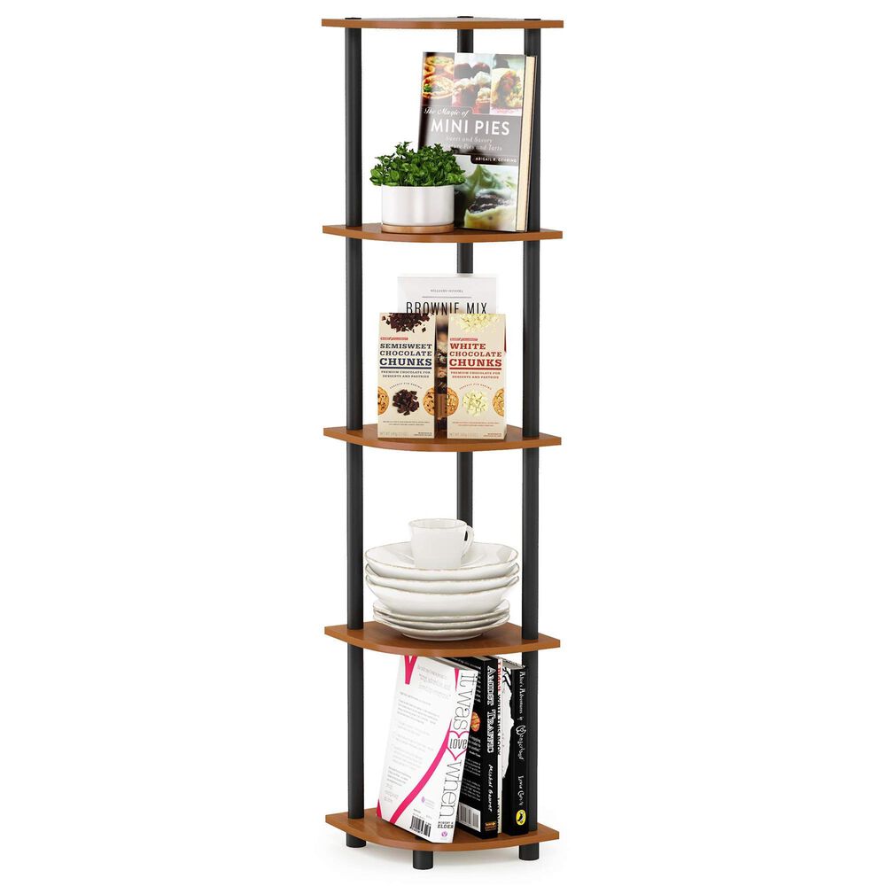 HOMLUX 5-Tier Modern Tall Corner Open Bookshelf in Light Cherry and Black, , large