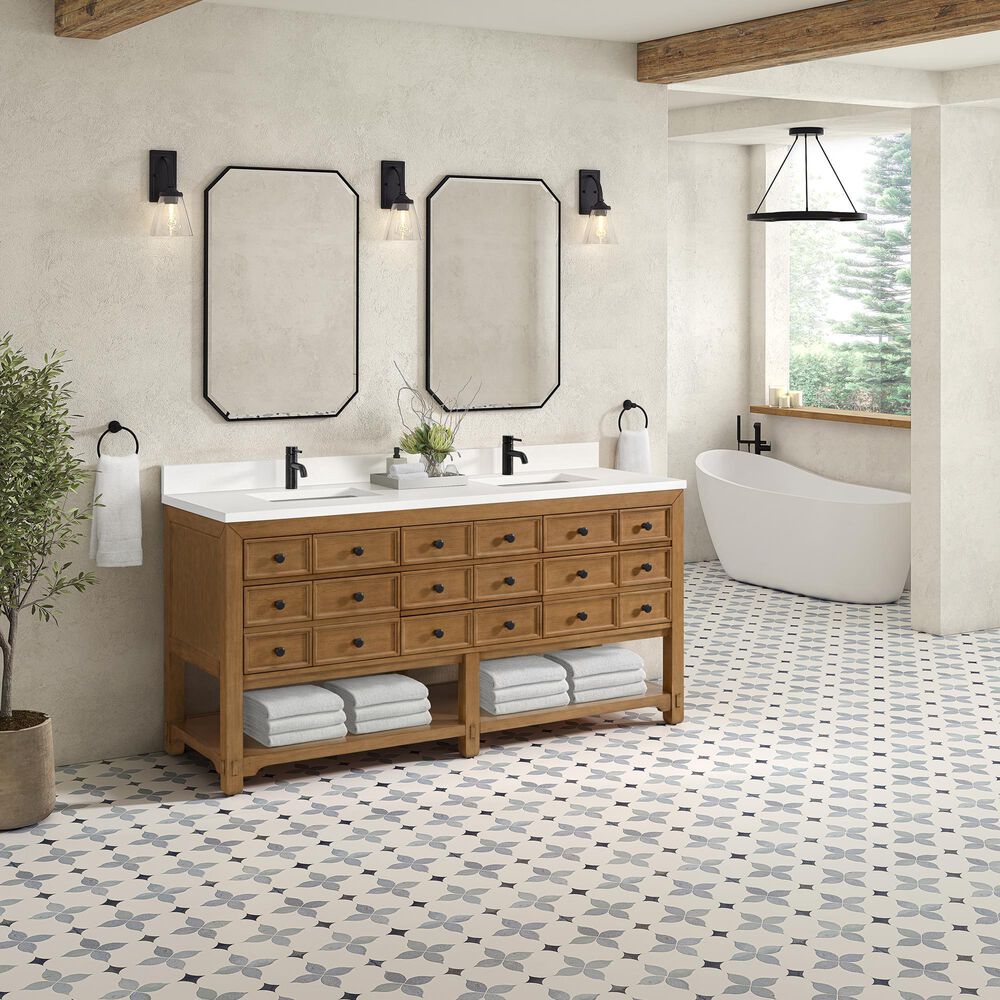 James Martin Malibu 72&quot; Double Bathroom Vanity in Amber Birch with Single Hole 3 cm White Zeus Quartz Top and Rectangular Sinks, , large