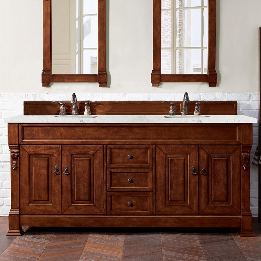 James Martin Vanities Brookfield 72&quot; Double Bathroom Vanity in Warm Cherry with 3 cm Eternal Jasmine Pearl Quartz Top and Rectangle Sink, , large