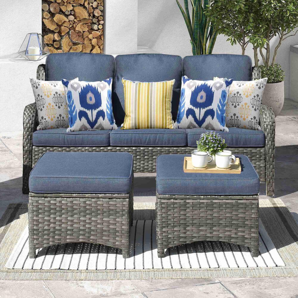 HOMLUX 3-Piece 72" Patio Sofa and Ottoman Set in Denim Blue, , large