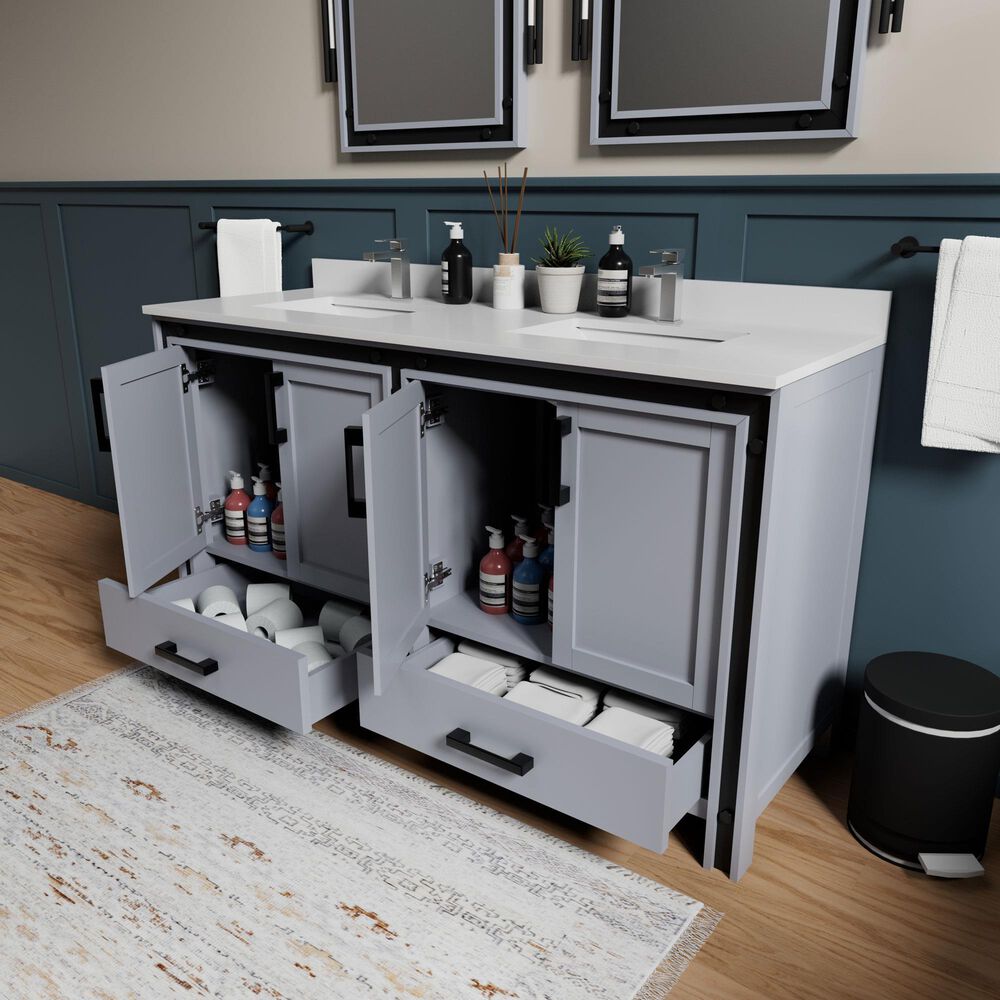 Lexora Home Ziva 60" Double Bathroom Vanity in Dark Grey with 2 cm White Quartz Top and Rectangular Sinks, , large