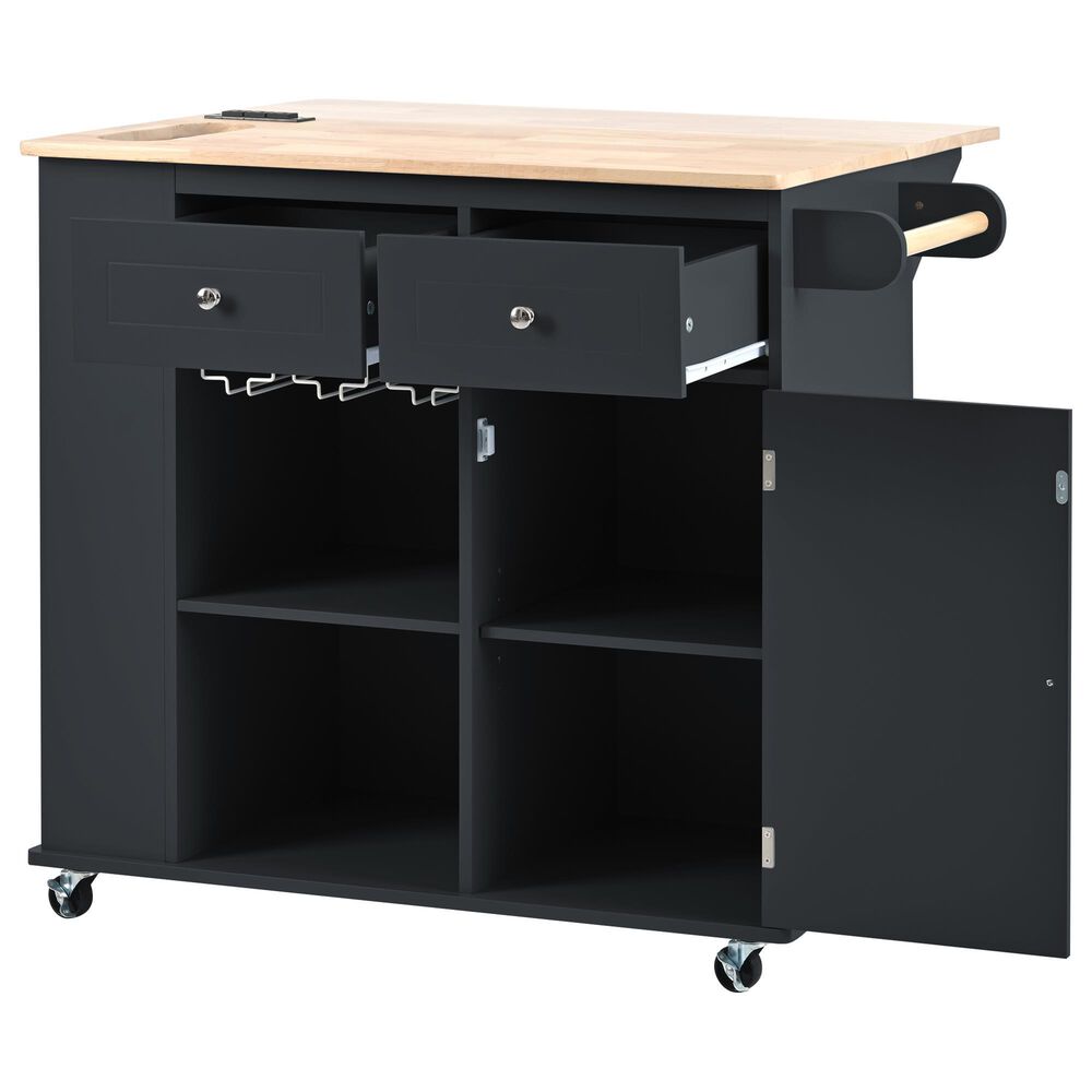HOMLUX Kitchen Island with Power Outlet and Drop Leaf in Black, , large
