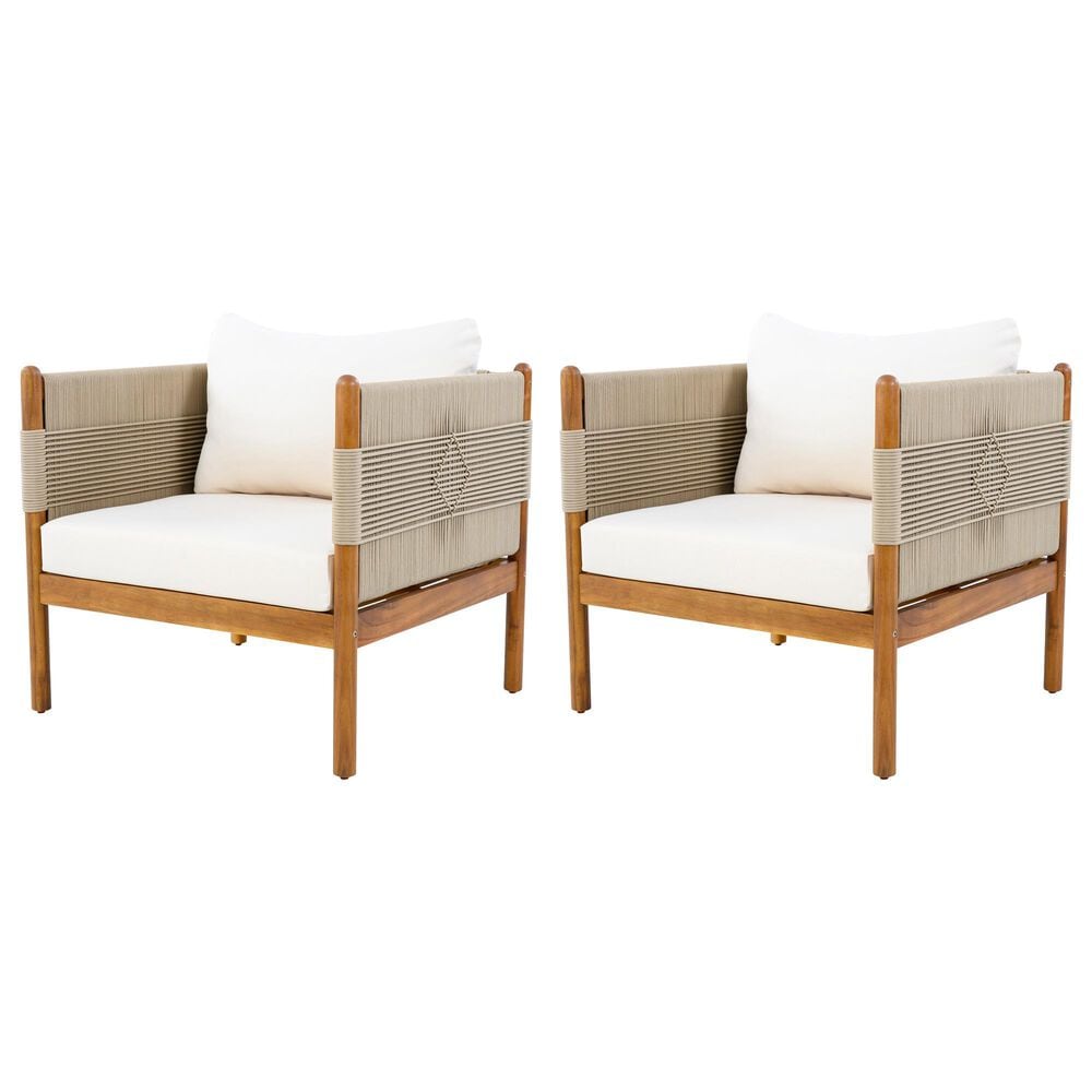 Hearth and Haven Outdoor Club Chair with Diamond Pattern Rope and Light Teak Frame in Cream (Set of 2), , large