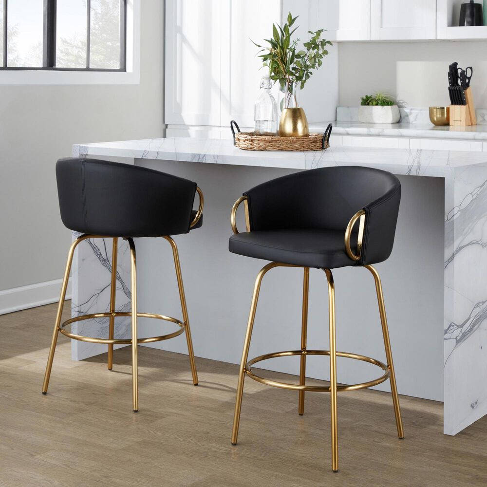 LumiSource Claire Swivel Counter Stool with Black Faux Leather Upholstery in Gold (Set of 2), , large