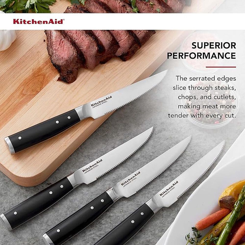 KitchenAid Gourmet 4-Piece Steak Knife Set in Stainless Steel and Black, , large
