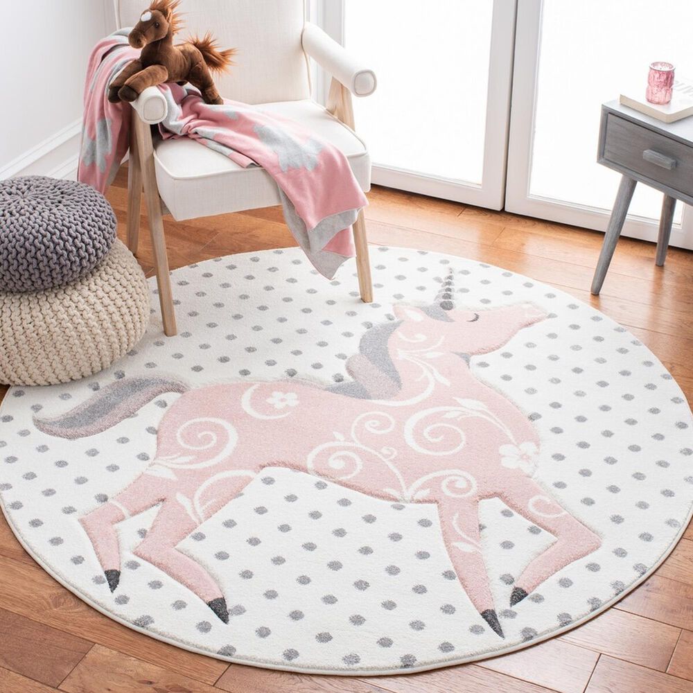 Safavieh Carousel 3&#39; Round Ivory, Grey and Pink Kids  Area Rug, , large