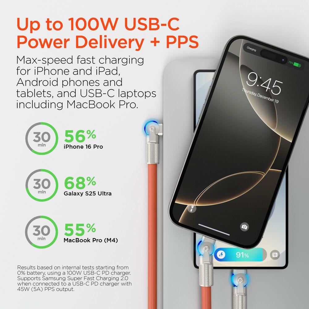 Hypercel Chunky 180 Degrees 12' USB-C to USB-C Cable in Orange, , large