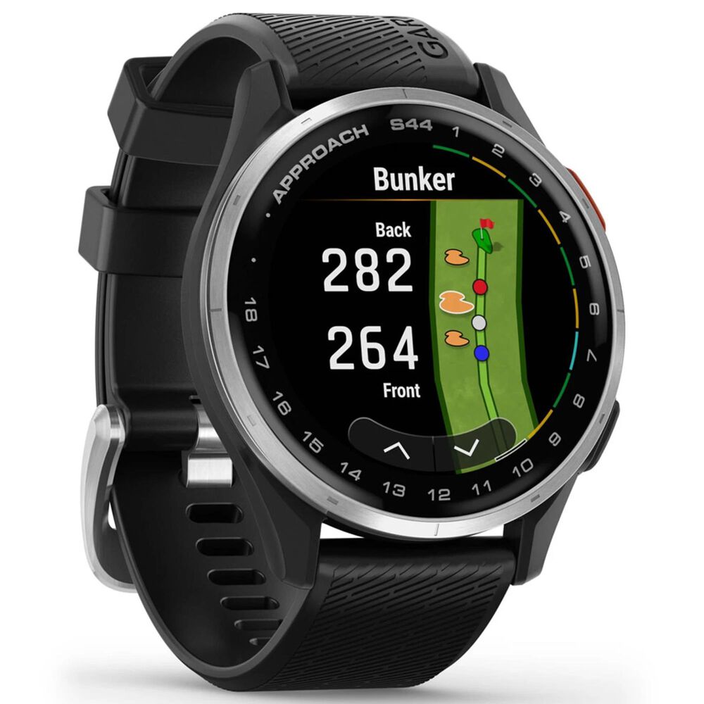 Garmin Approach S44 43mm Golf Smartwatch Silver Aluminum Bezel Case with Black Silicone Band, , large