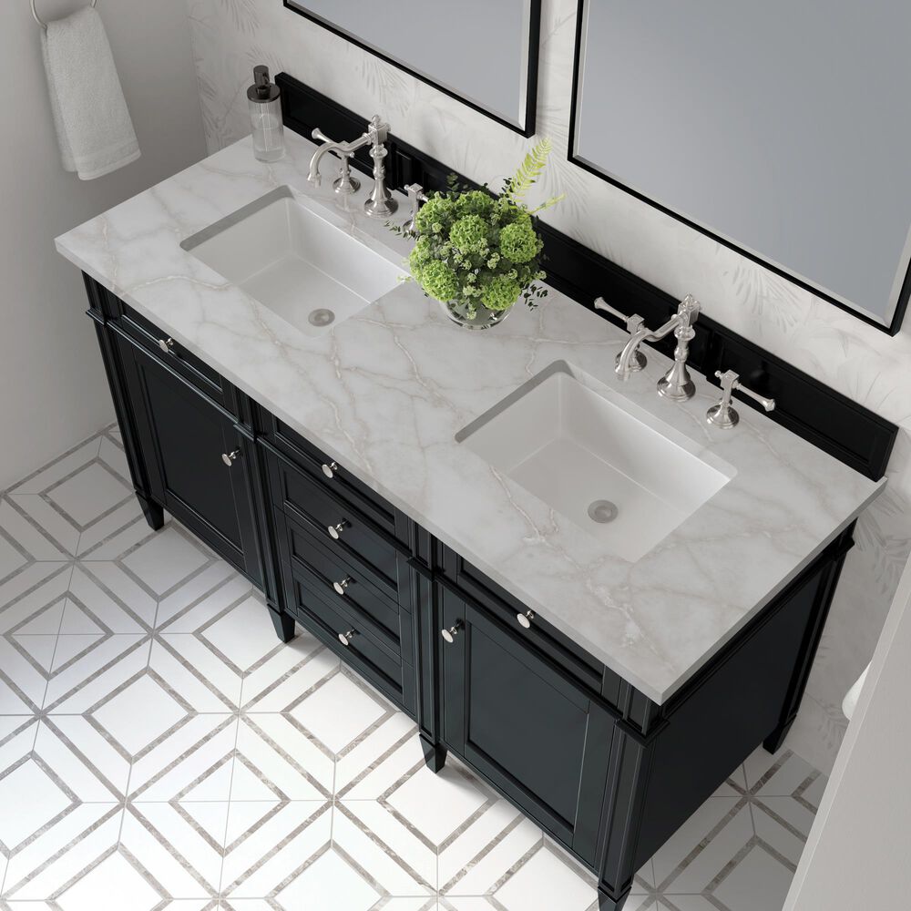 James Martin Vanities Brittany 60" Double Bathroom Vanity in Black Onyx with 3 cm Eternal Jasmine Pearl Silestone Top, Rectangular Sinks and FreePower Wireless Charger, , large