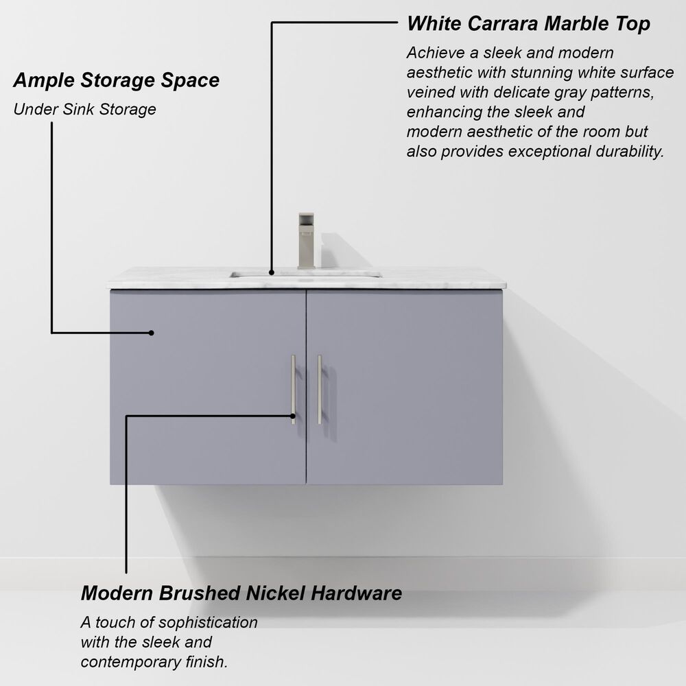 Lexora Home Geneva 36" Single Bathroom Vanity in Dark Grey with 2 cm White Carrara Marble Top and Rectangular Sink, , large