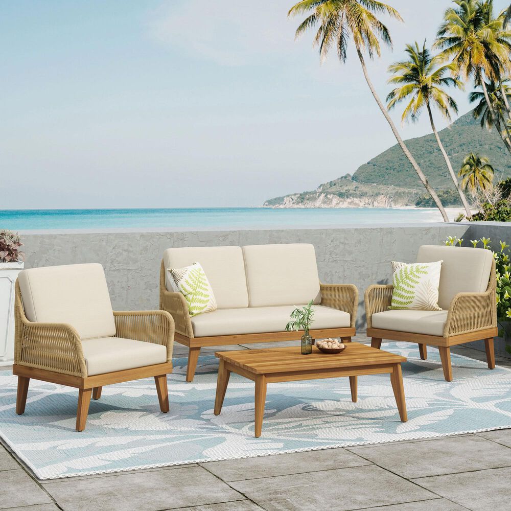 Hearth and Haven 4-Piece Outdoor Chat Set with Teak Coffee Table in Beige, , large
