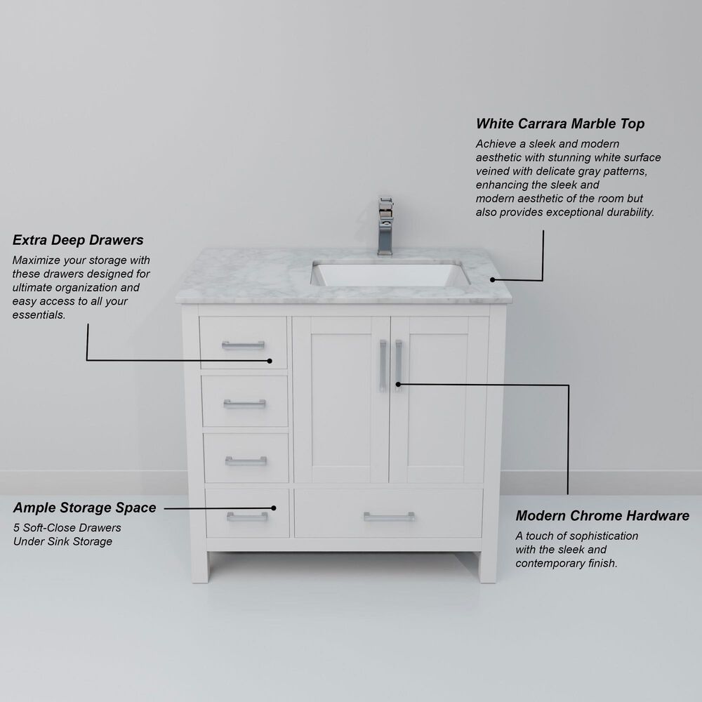 Lexora Home Jacques 36&quot; Right Offset Single Bathroom Vanity in White with 2 cm White Carrara Marble Top and Rectangular Sink, , large