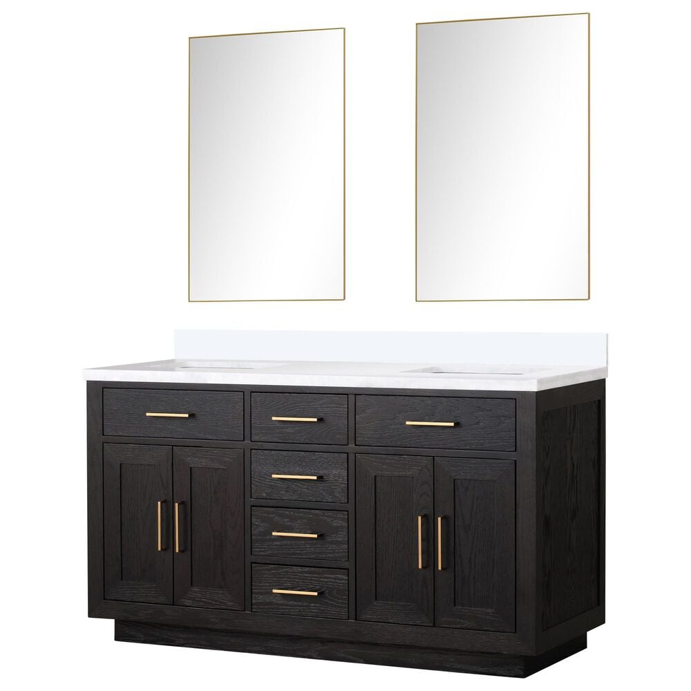 Lexora Home Abbey 60" Double Bathroom Vanity in Brown Oak with 2 cm White Quartz Top, Rectangular Sinks and 28" Mirrors, , large