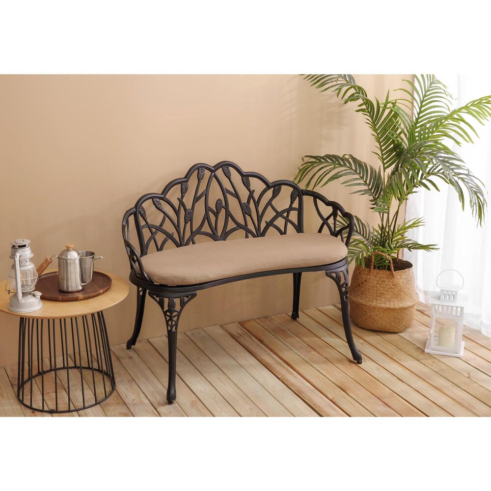 Hearth and Haven Outdoor Tulip Garden Bench with Brown Cushion in Black, , large