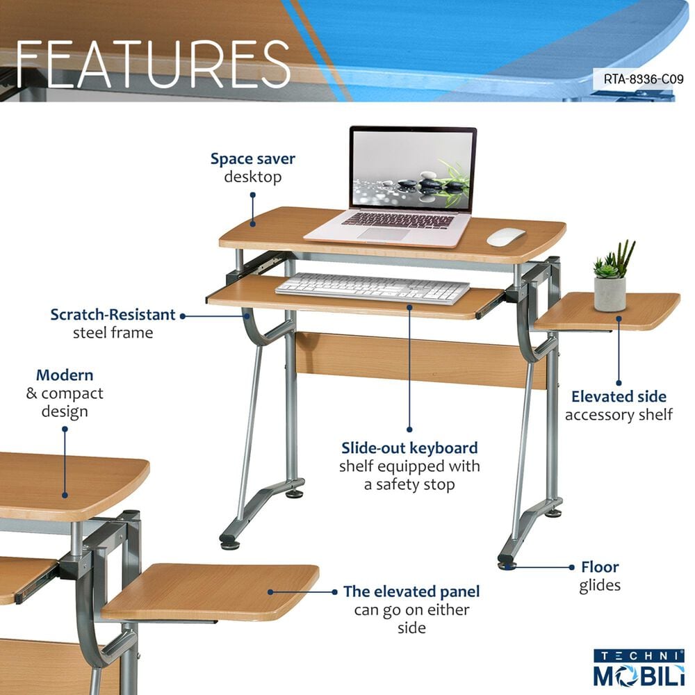 Rta Products Llc Compact Computer Desk with Side Shelf and Keyboard Panel in Cherry and Silver, , large