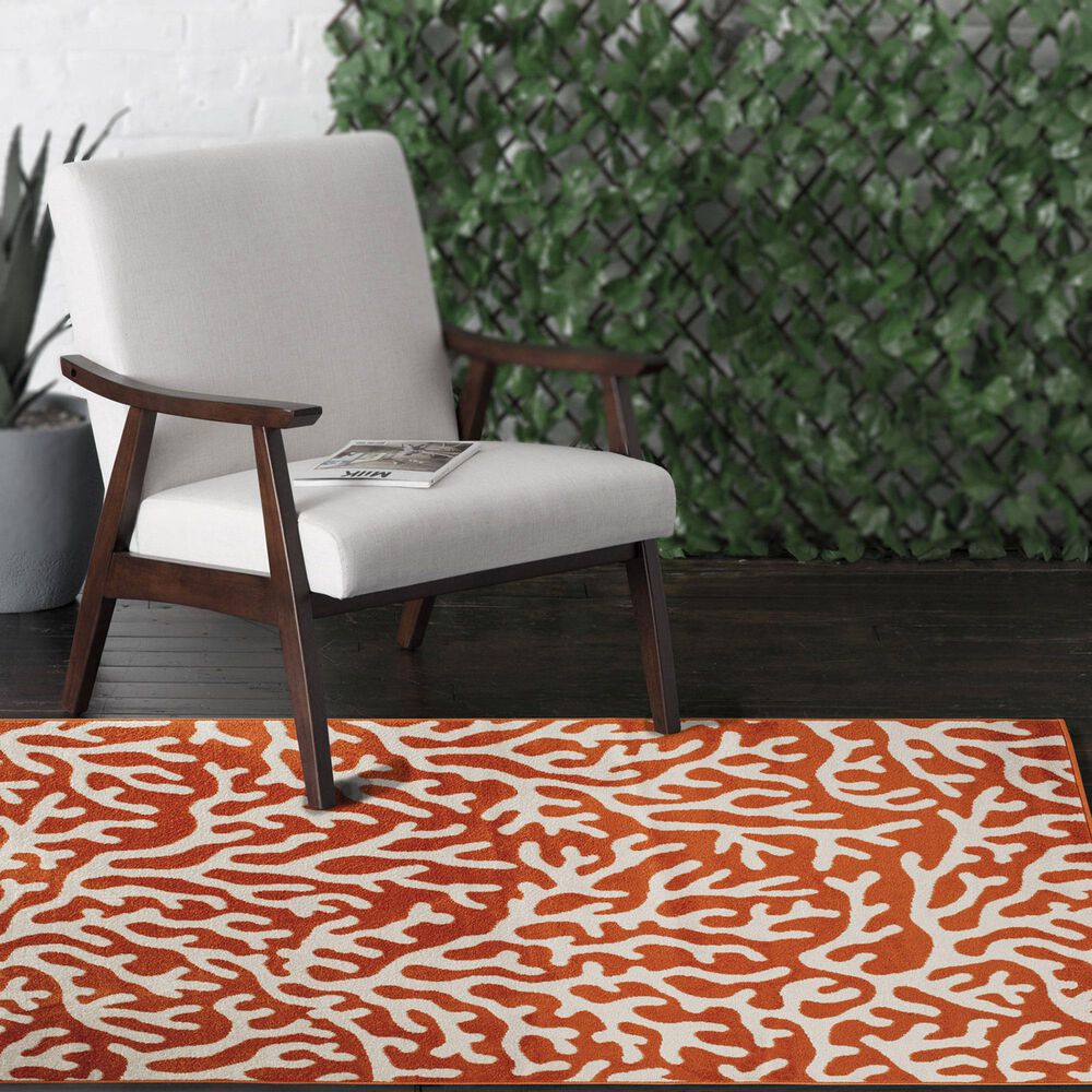Central Oriental Terrace Tropic Allover Coral 7&#39;10&quot; x 9&#39;10&quot; Tangerine Area Rug, , large